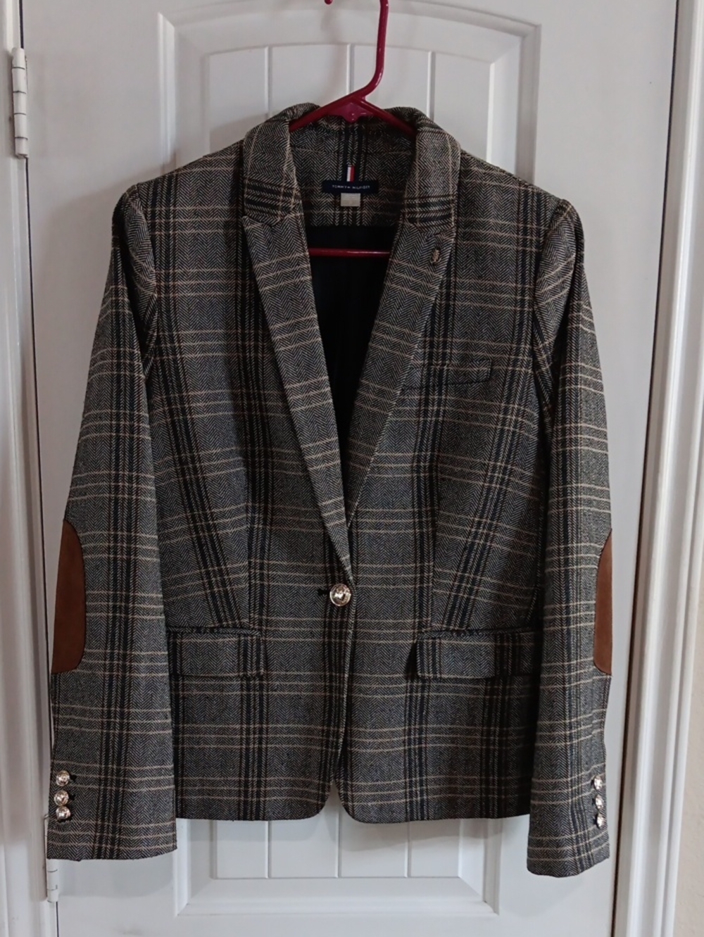 Tommy Hilfiger Glen Plaid Blazer Anchor Lapel Pin Military Button Surgeon Cuffs
